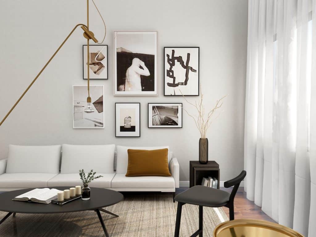 A photo of a white and brown living room interior