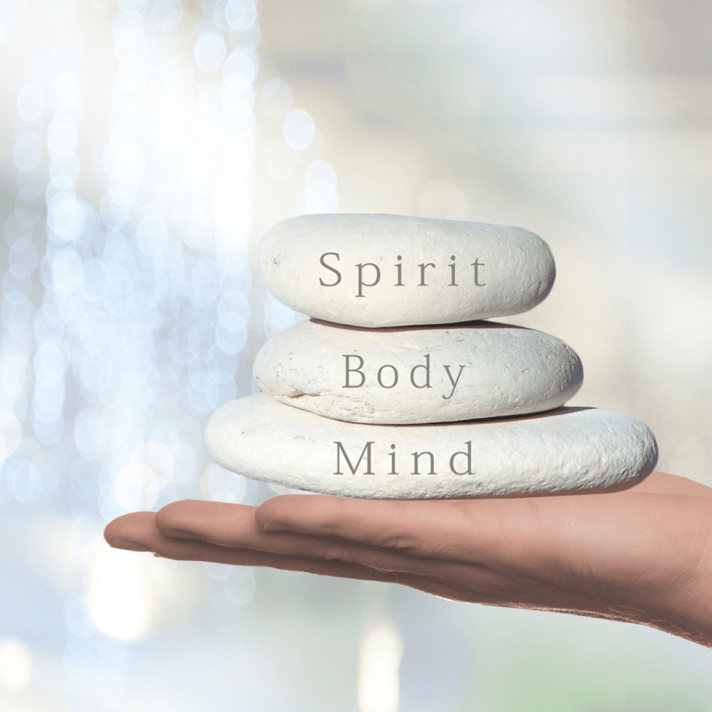 what is mindfulness hand holding rocks with the words spirit, body, mind wellness posts