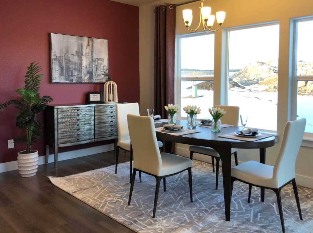 a photo of interior design area rug in a dining room