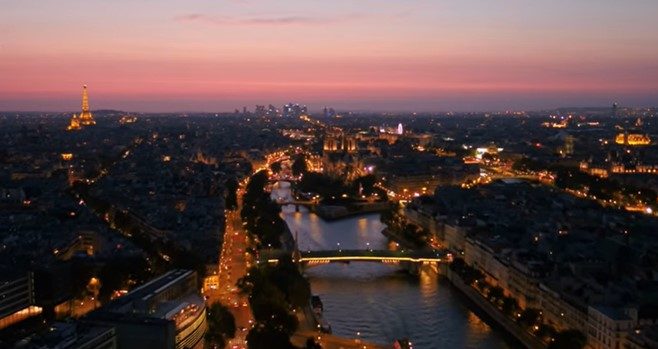 An aerial view of Paris at night