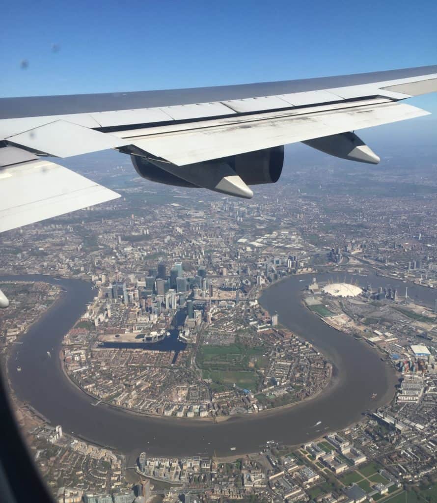 A photo from a plane overlooking the Isle of Dogs Canary Wharf London